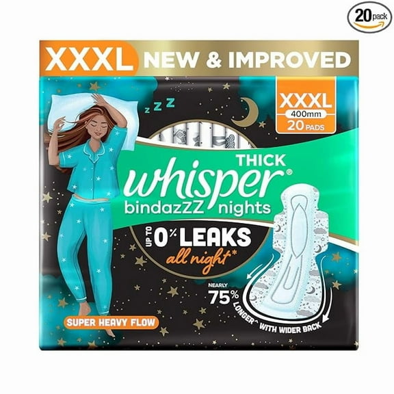 Whisper Bindazzz Nights 20 XXXL Sanitary Pads, Upto 0% Leaks All Night Long, For Super Heavy Flow, Nearly 75% Longer with Wider Back
