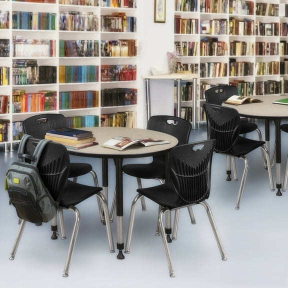 Regency Kee 42 in. Round Adjustable Classroom Table- Maple & 4 Andy 18 in. Stack Chairs- Black