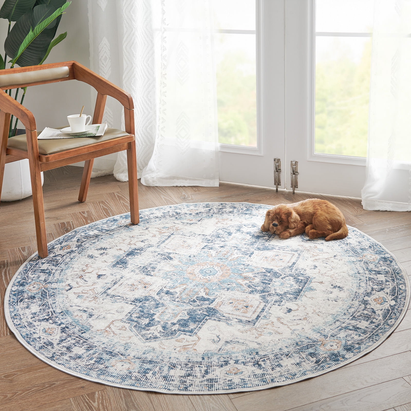 JINCHAN Traditional Round Rug 5ft Foldable Blue Circle Rugs for Livingroom Bedroom Thin NonSlip