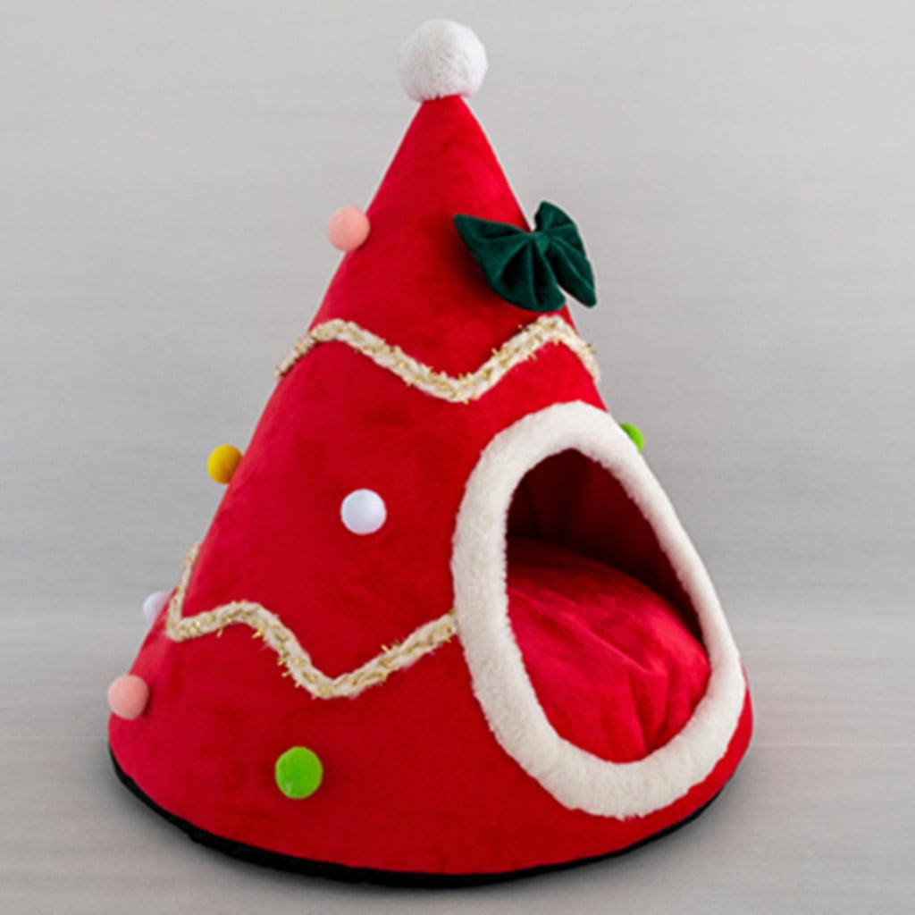 Summercome Christmas Tree Dog House, Cozy Dog Cave Pet Sleeping Bed Puppy Tent with Removable Cushion, Pets Bed for Small Dogs Cats, (Red, S Size 14.69in)