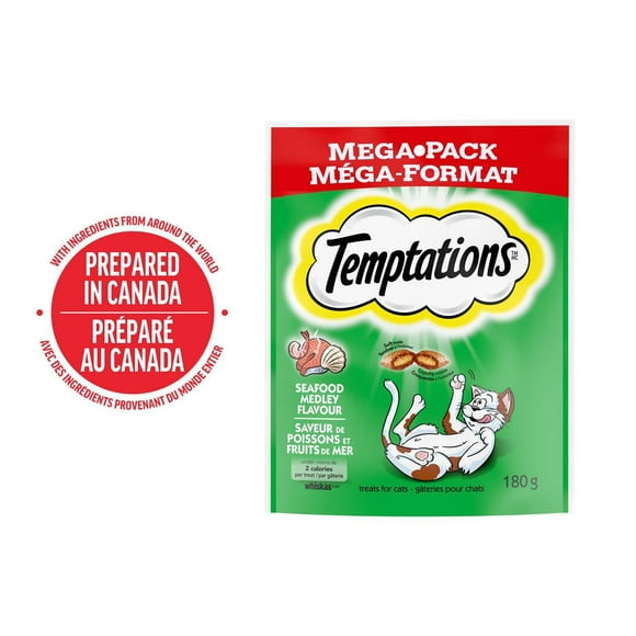 Gâteries pour chats Temptations saveur de poissons et fruits de mer, tendres à l'intérieur, croquantes à l'extérieur 180 g