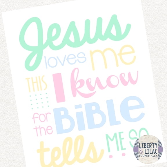 Gender Neutral Nursery Art Jesus Loves Me Christian Art Bible Verse Pastel Colors Pink Blue Yellow Green Baby Shower Gift Christening Gift Baptism Gift 24x36