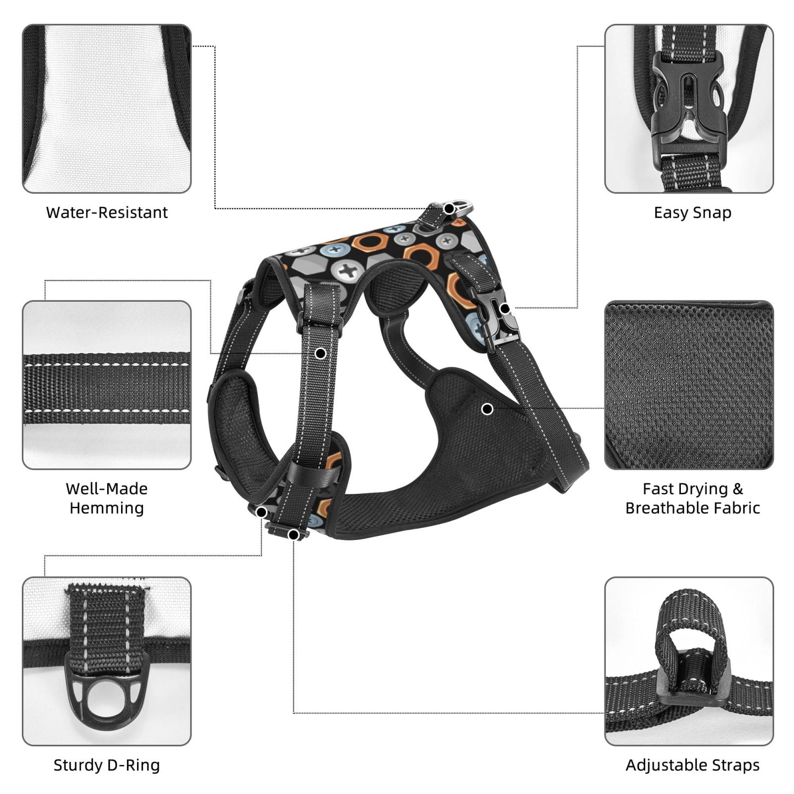 Kdxio Colorful Screws Print No Pull Dog Harness Adjustable Reflective Oxford Easy Control Medium Large Dog Harness for Training and Everyday-Small