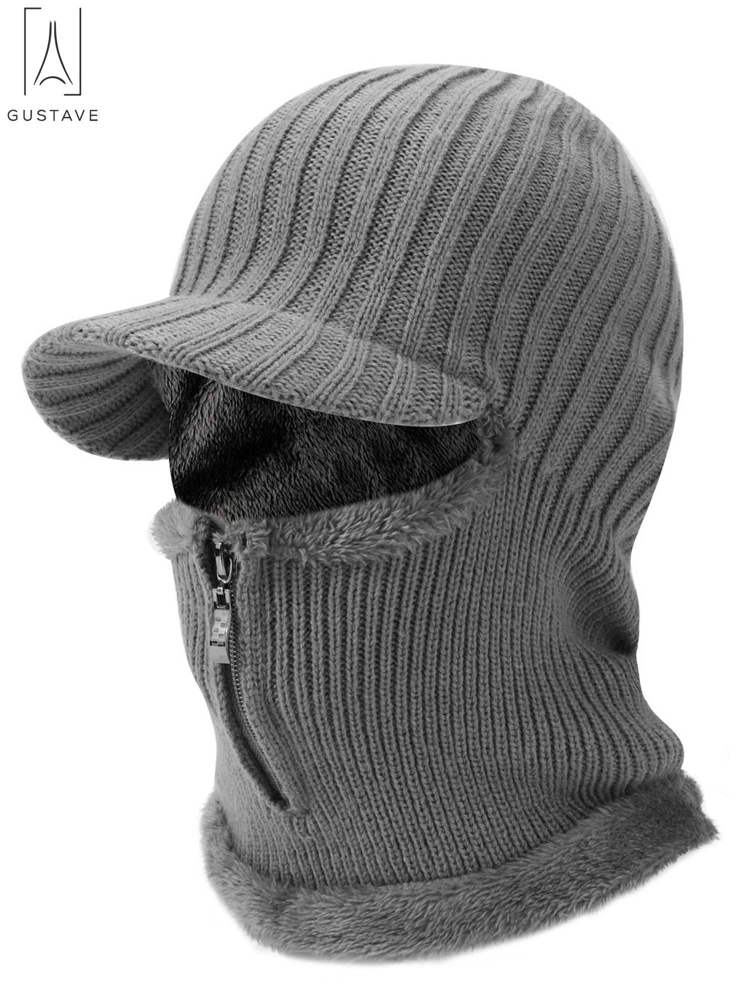 Gustave 2 In 1 Men Winter Warm Balaclava Beanie Hat with Fleece Lining Zipper Neck Scarf Warmer Ear Protector Knitting Stripes Hat and Scarf Conjoined Set "Gray" - image 2 of 9