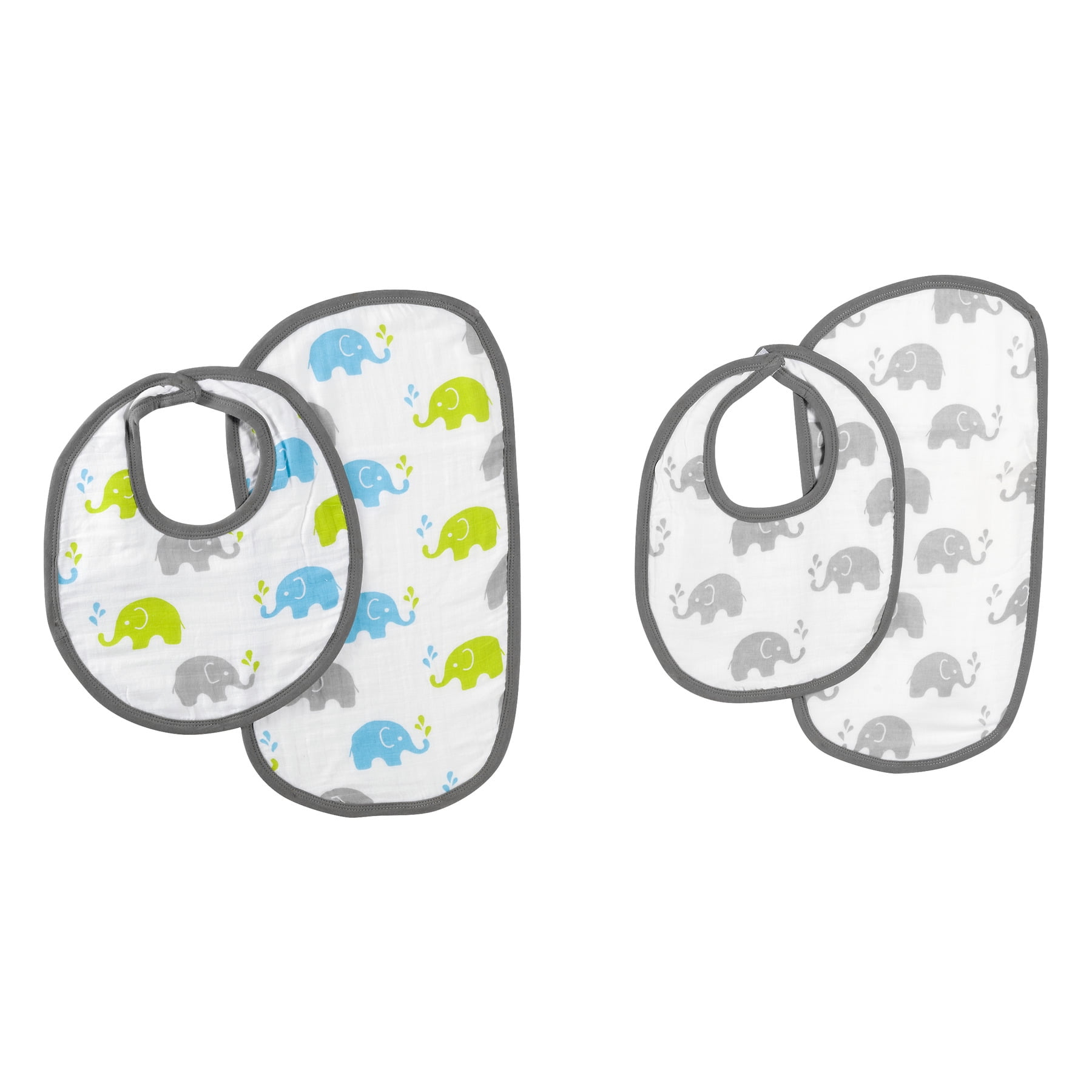 Bacati Muslin Burpies/Bibs, Elephants Aqua/Lime/Grey -  4 PC, 4.0 PIECE(S)