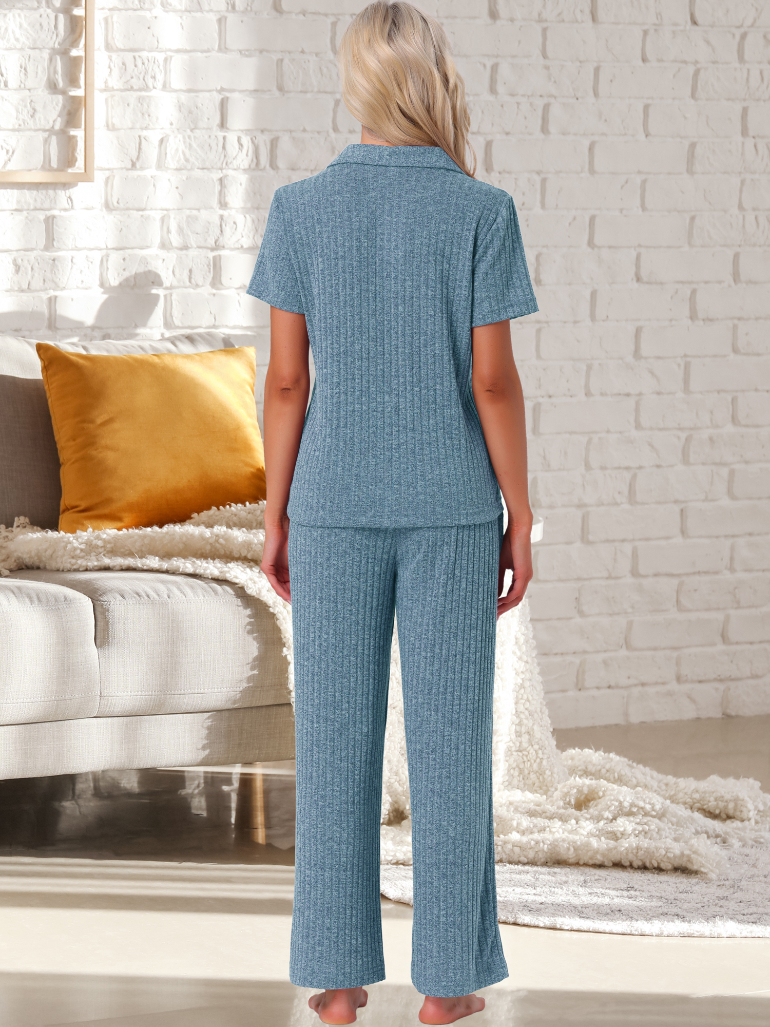 DARING DIVA Ribbed Knit Lounge Set Short Sleeve Wide Pants Button Up 2XL Blue