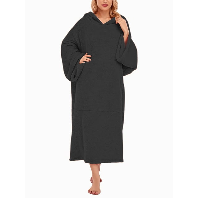 Kmbangi Women Velvet Sleeping Robe, Long Sleeve Hooded Neck Kangaroo Pockets Solid Color Nightwear