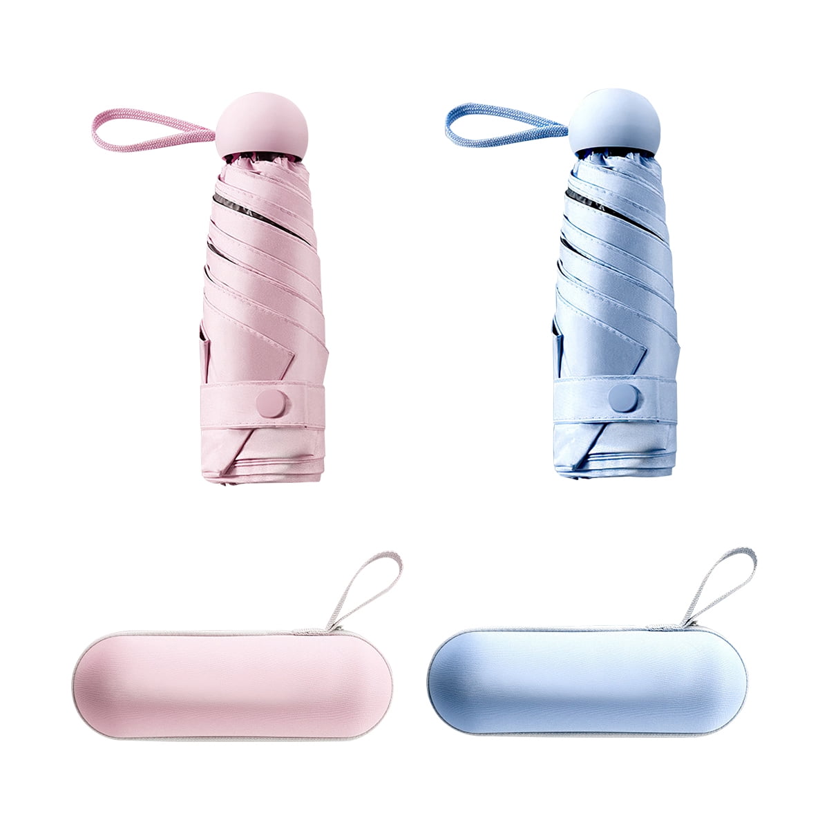 Kepooman 2 PACKS Windproof Travel Capsule Umbrella, 8-Bone Sunscreen Umbrella, Auto Open Close Lightweight Sun & Rain Umbrella with Case, Pink & Blue