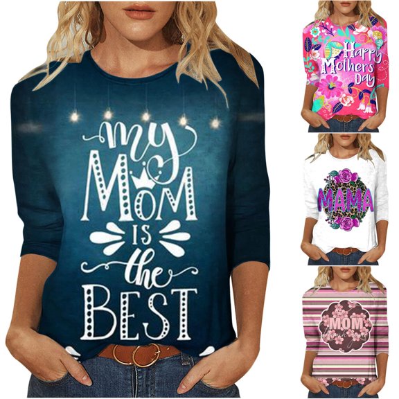 Fesfesfes Women T Shirt Womens Fashion 3/4 Sleeve Retro Round Neck Easter Printed Loose Tops Blouse 3/4 Sleeve Womens Work Clothes M(US:6)