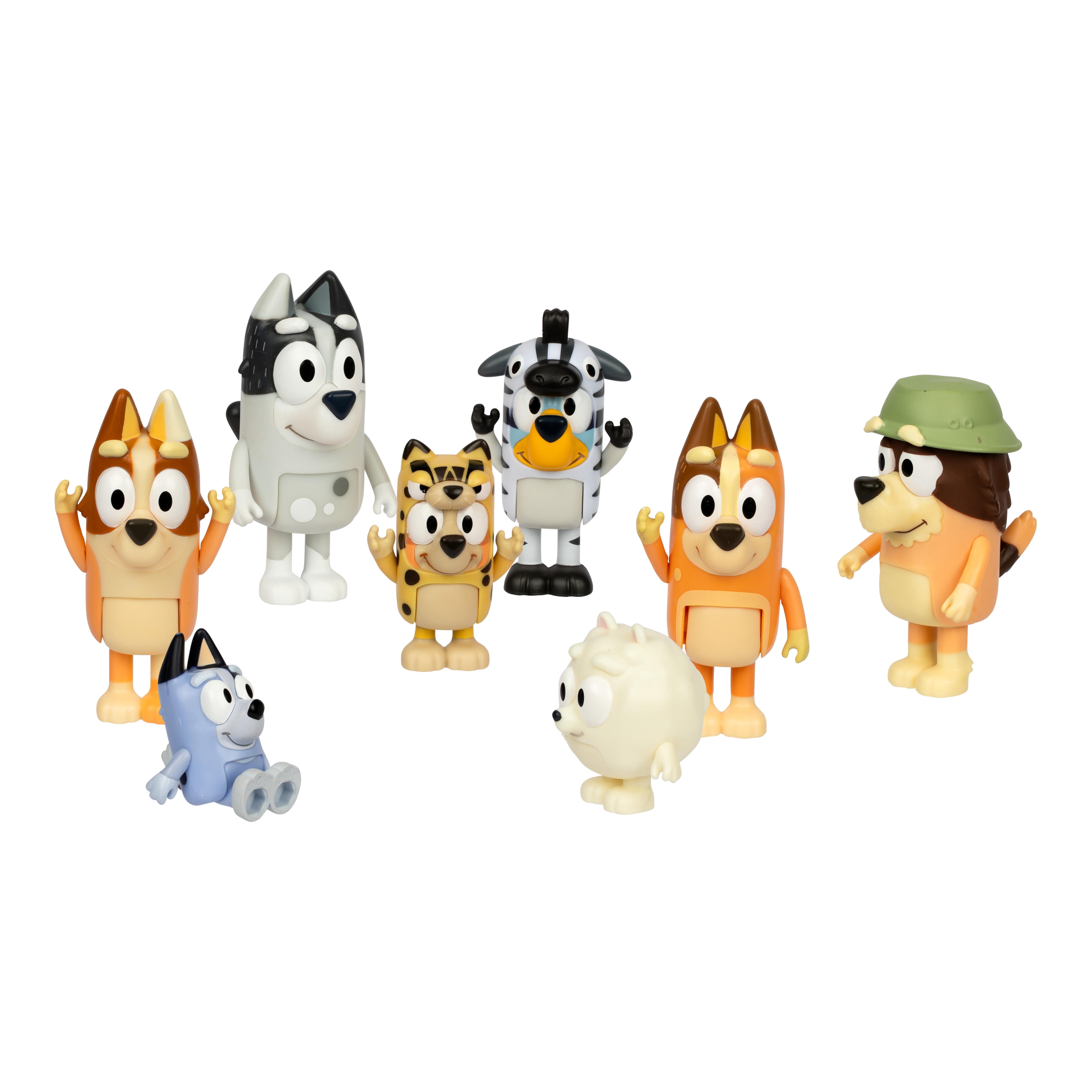 Bluey Family Dress Up Fun 8 Pack, 2.5-3" Figures; Bluey and Bingo Wearing Onesies, Grandad, Socks, Pop Pom, Aunty Brandy, Trixie and Chilli, Ages 3+