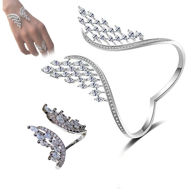 Juego de joyas de plumas con piedras de circonia - Anillo y pulsera ajustables para mujer, regalo glamuroso para ella