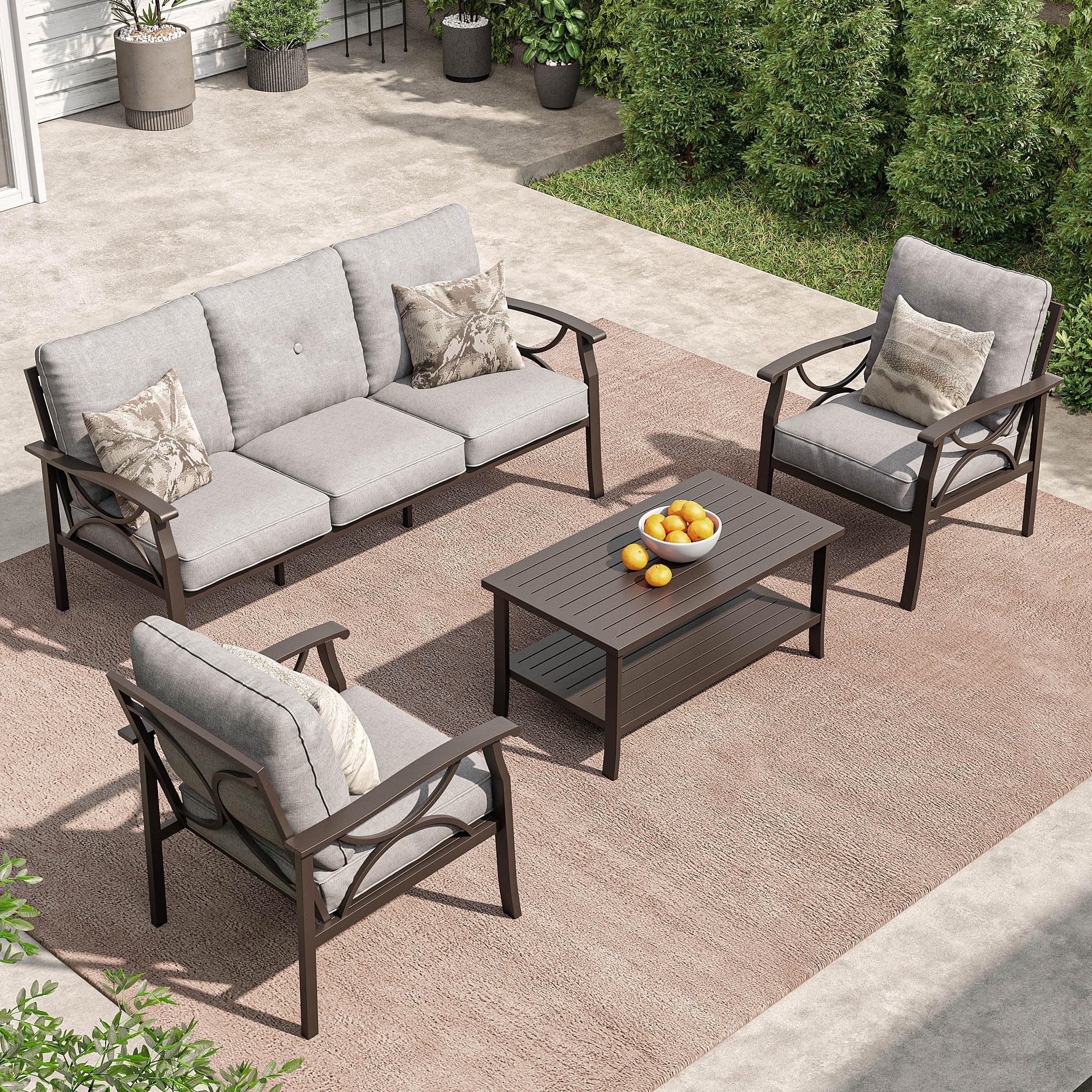 Heynemo 5-Seater Outdoor Patio Furniture Set, 4 Piece Patio Conversation Set with Coffee Table, Metal Furniture Set for Porch Backyard Garden, Grey