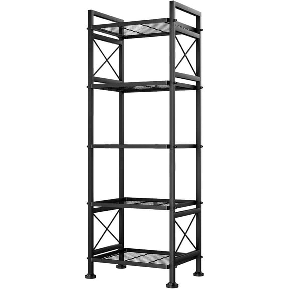 Pantry Storage Shelves, 5-Tier Metal Storage Rack with X-Shaped Side Frame, Heavy-Duty Wire Shelf for Kitchen, Bathroom, Laundry Room, 120lb/Layer, Black Standing Shelves