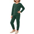 thumbnail image 5 of Kids Ribbed Knit Two Piece Loungewear Set Crew Neck Long Sleeve Top & Elastic Waist Straight Pants, Soft Stretchy Matching Outfit for Homewear Daily Casual Wear Army Green 4-5 Years, 5 of 7