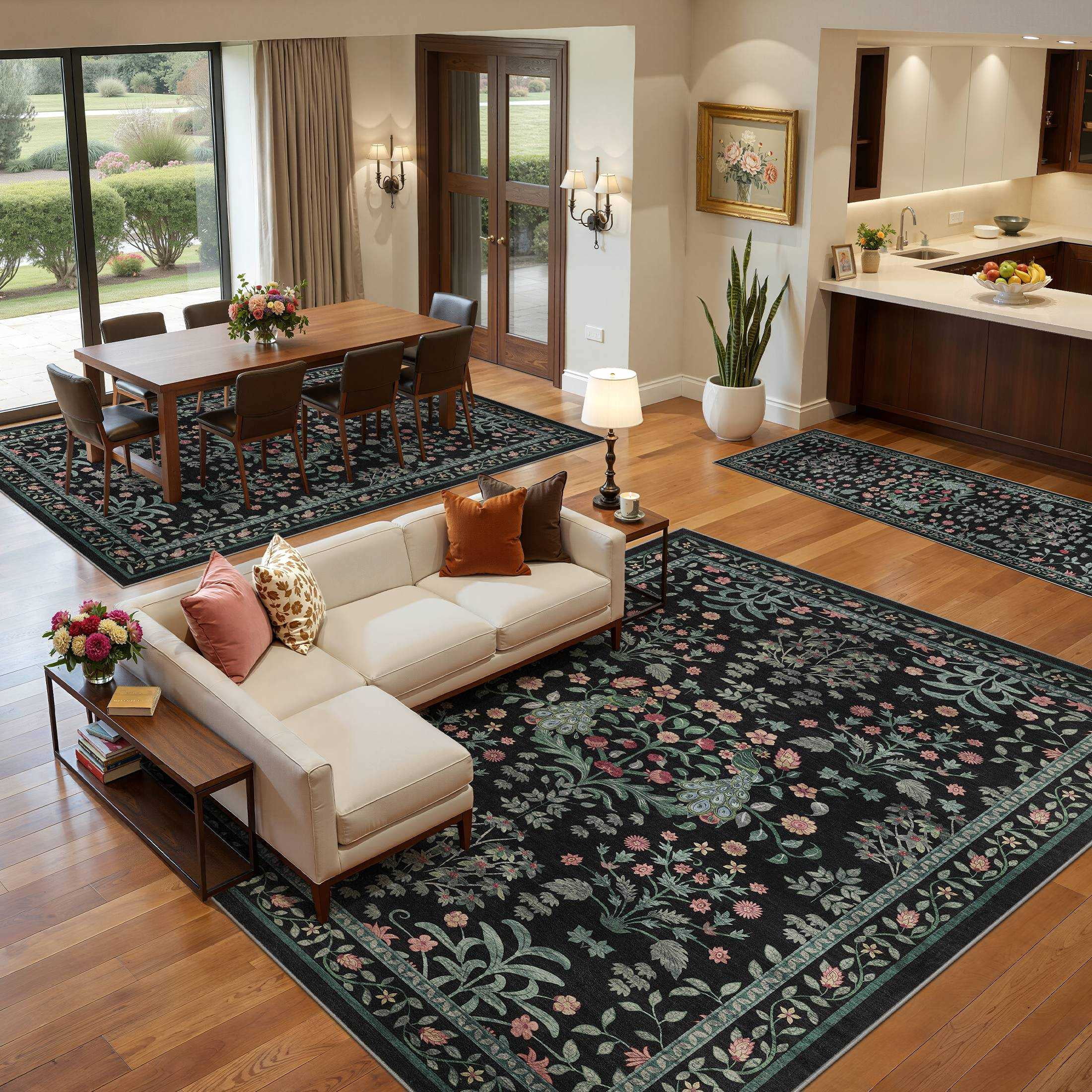 Micgeek Boho 6x9 Area Rugs for Living Room, Floral Non-Slip Washable Rug for Bedroom Home Decor Carpet, Farmhouse Dining Room Office Throw Rugs, Black