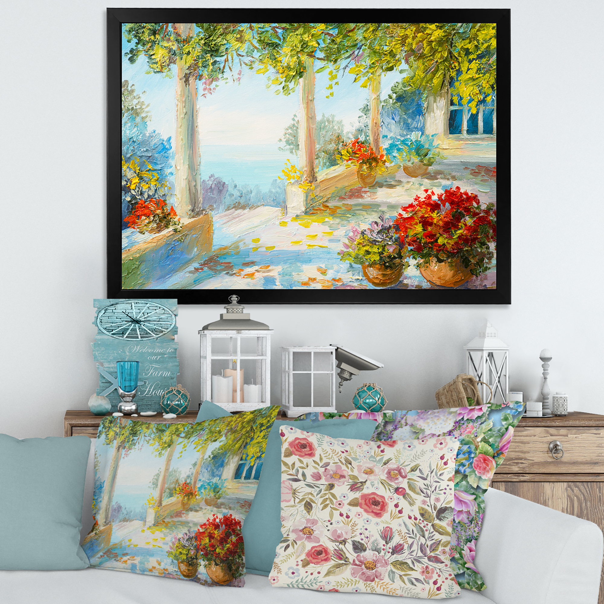Designart 'Terrace With Red Flowers Near The Sea' Nautical & Coastal Framed Art Print