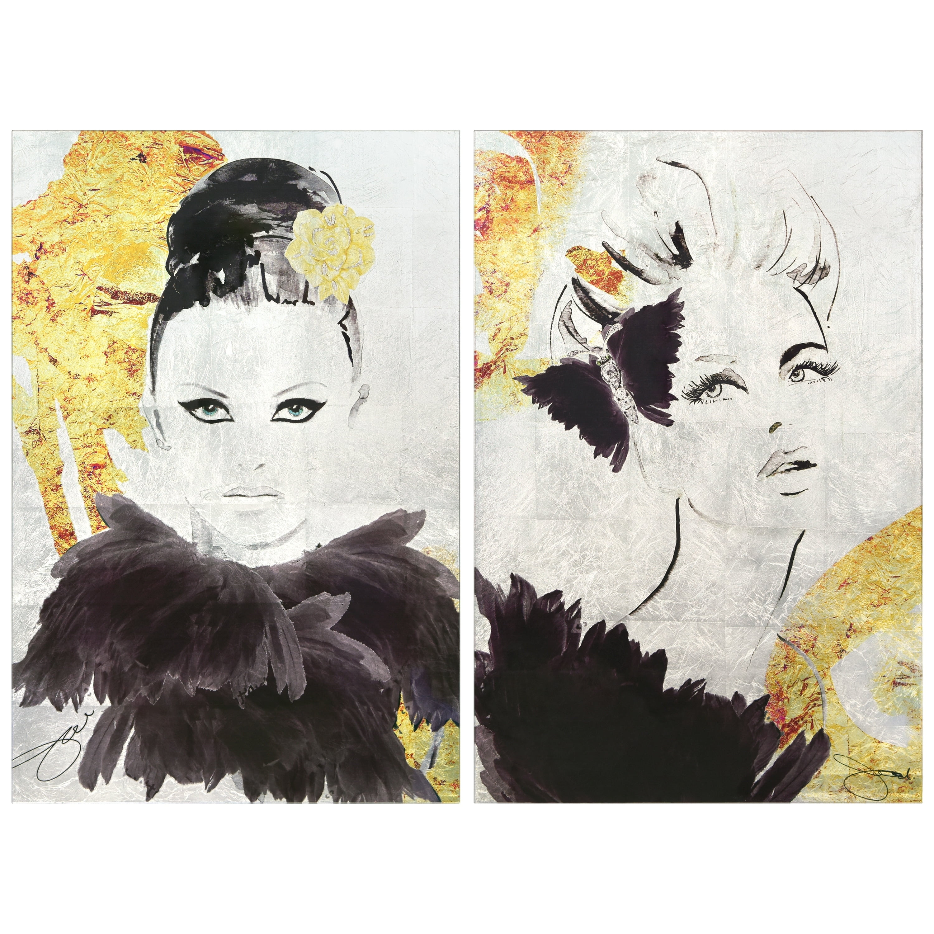 Gold Woman 1 & 2 Reverse Printed Tempered Glass Wall Art with Silver Leaf