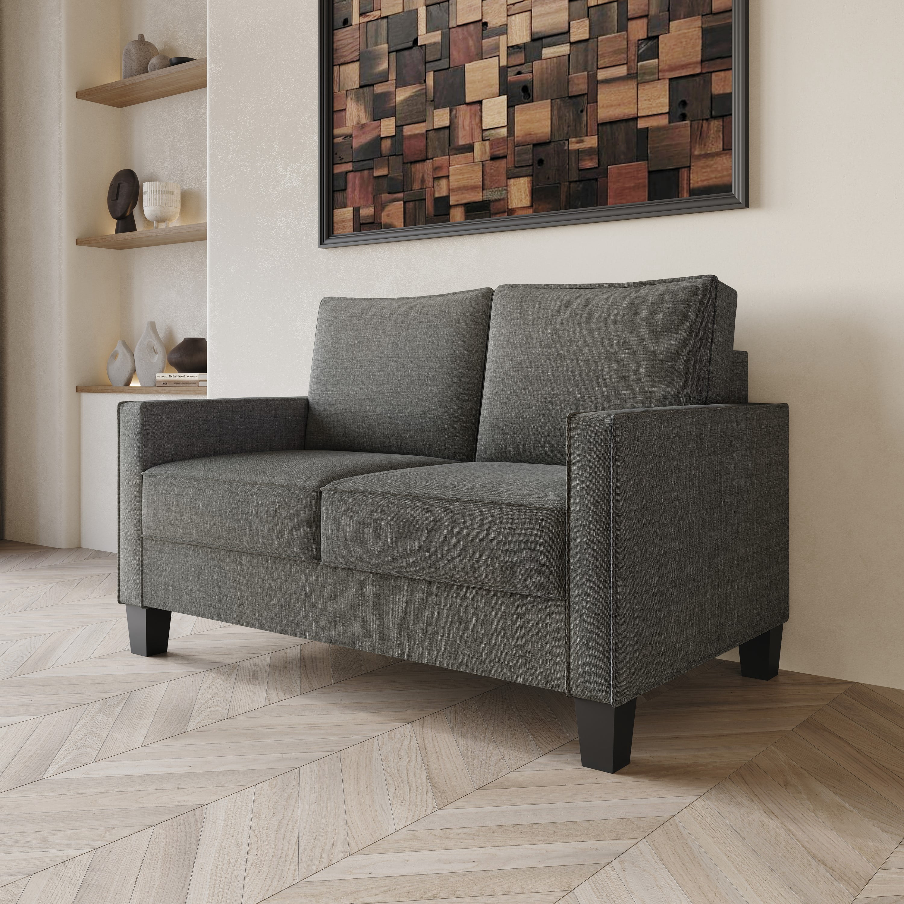 Home Design Marcia 3-Piece Square Arm Living Room Set with Armchair, Loveseat, and Sofa, Modern Upholstery and Black Legs, Gray