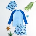 thumbnail image 3 of Boys Swim Trunks Summer Long Sleeve Cartoon Shark Print Tops Short Pants Hat Set Toddler Swimsuit Blue 6 Years-7 Years, 3 of 5