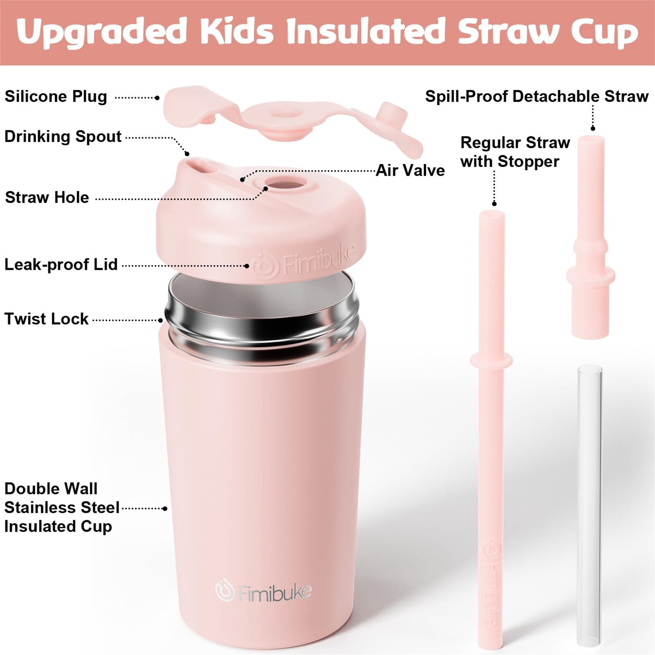 2-Pack 10 OZ Kids Spill Proof Cups with Straws and Lids, Kid Insulated Tumbler Stainless Steel Sippy Cup for Girl Boy, Pink & Lavender