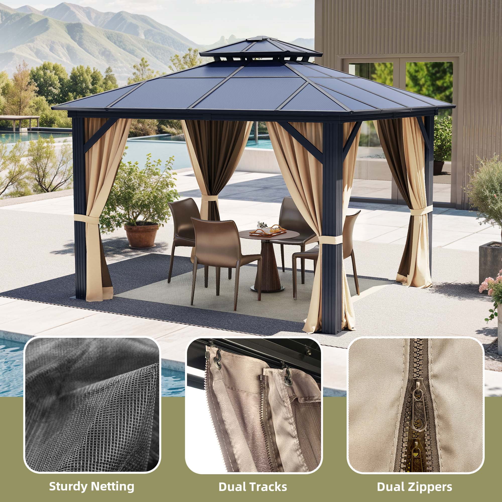 Dextrus 10' x 10'  Hardtop Gazebo with Netting & Shaded Curtains, Outdoor Polycarbonate Double Roof Canopy,Aluminum Column Garden Tent for Patio, Backyard, Black&Brown