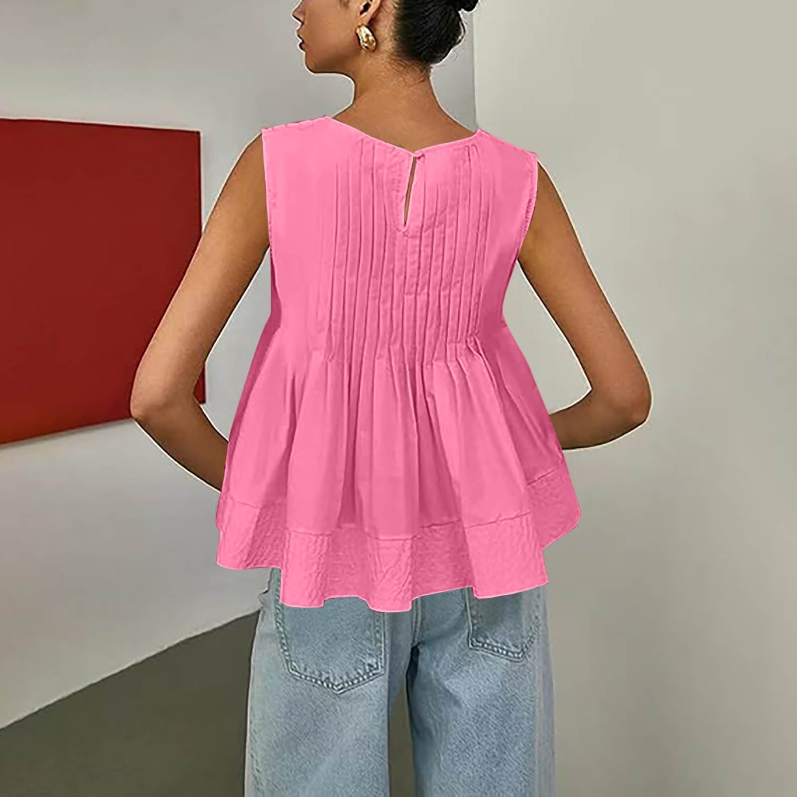 Womens Summer Pleated Peplum Sleeveless Solid Blouse Tank Tops Round Neck Y4K Babydoll Blouse Cotton Shirt
