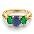 thumbnail image 3 of Gem Stone King 18K Yellow Gold Plated Silver Blue Lapis and Green Nano Emerald Filigree Style 3 Stone Ring for Women (2.20 Cttw, Oval 8X6MM and 6X4MM, Size 5), 3 of 6