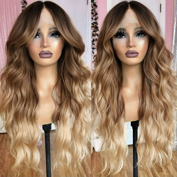 Ombre Blonde Wig Synthetic 13x4x1 Lace Front Wigs for Black Women 26 Inch Long Wavy Glueless Wig Ready to Wear Pre Plucked With Baby Hair