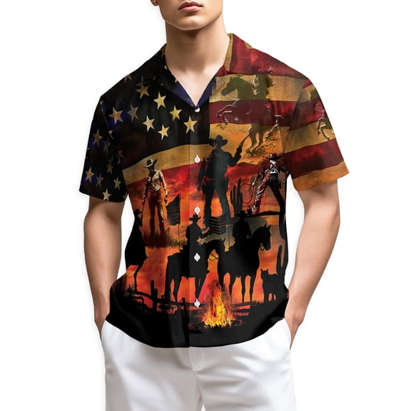 Netecom Vintage Western Cowboy Sunset Hawaiian Shirt for Men, Wild Horses Button Down Summer Beach Short Sleeve, Sizes S-5XL