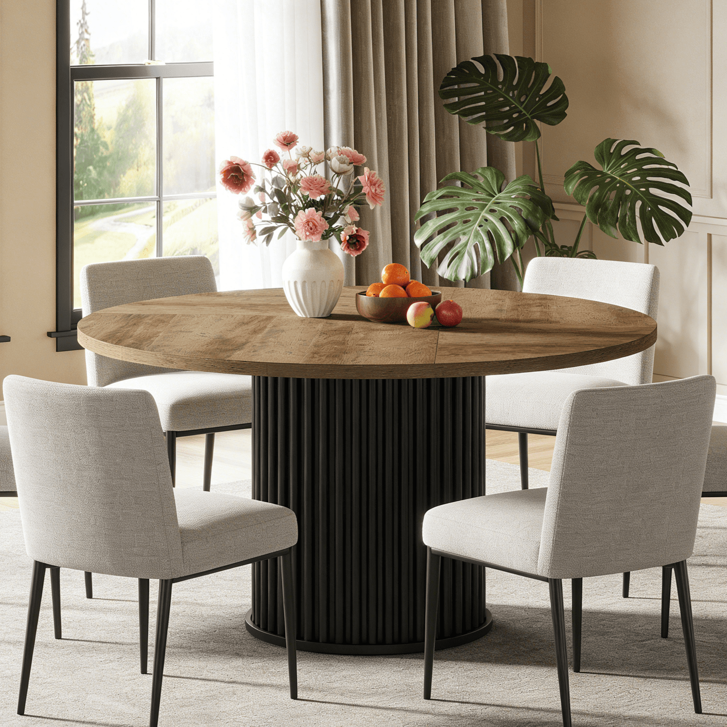 Fnova 47.24" Round Dining Table, Wood Coffee Table for 4 People, Modern Farmhouse Kitchen Table for Dining Room (Chairs Not Included)