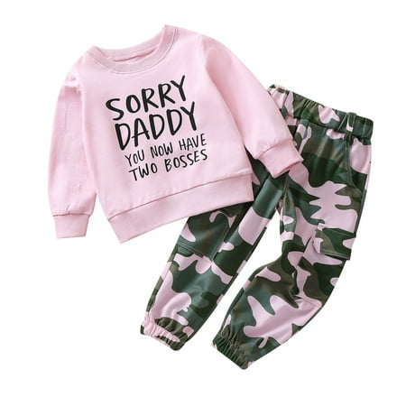 

TIREOW Kid s Trendy Sets Toddler Girl s Fall Outfit Long Sleeve Letter Print Fashionable Pullover Sweatshirt and Camouflage Elasticated Waistband Work Pants Comfortable Fashionable Outfits
