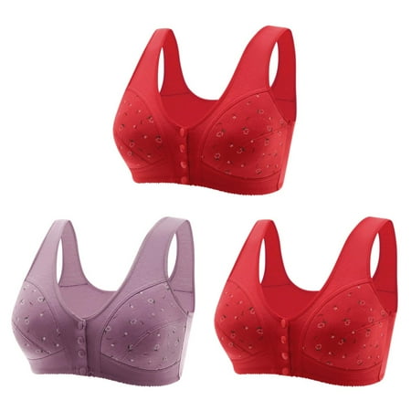 Bigersell Sports Bra for Women in Clearance 3pc Women Senior Elder Women Printed Front Buckle Without Underwire Underwear Soft Cotton Plus Size Underwear Bra Racerback Bra Style F-44 Purples XL