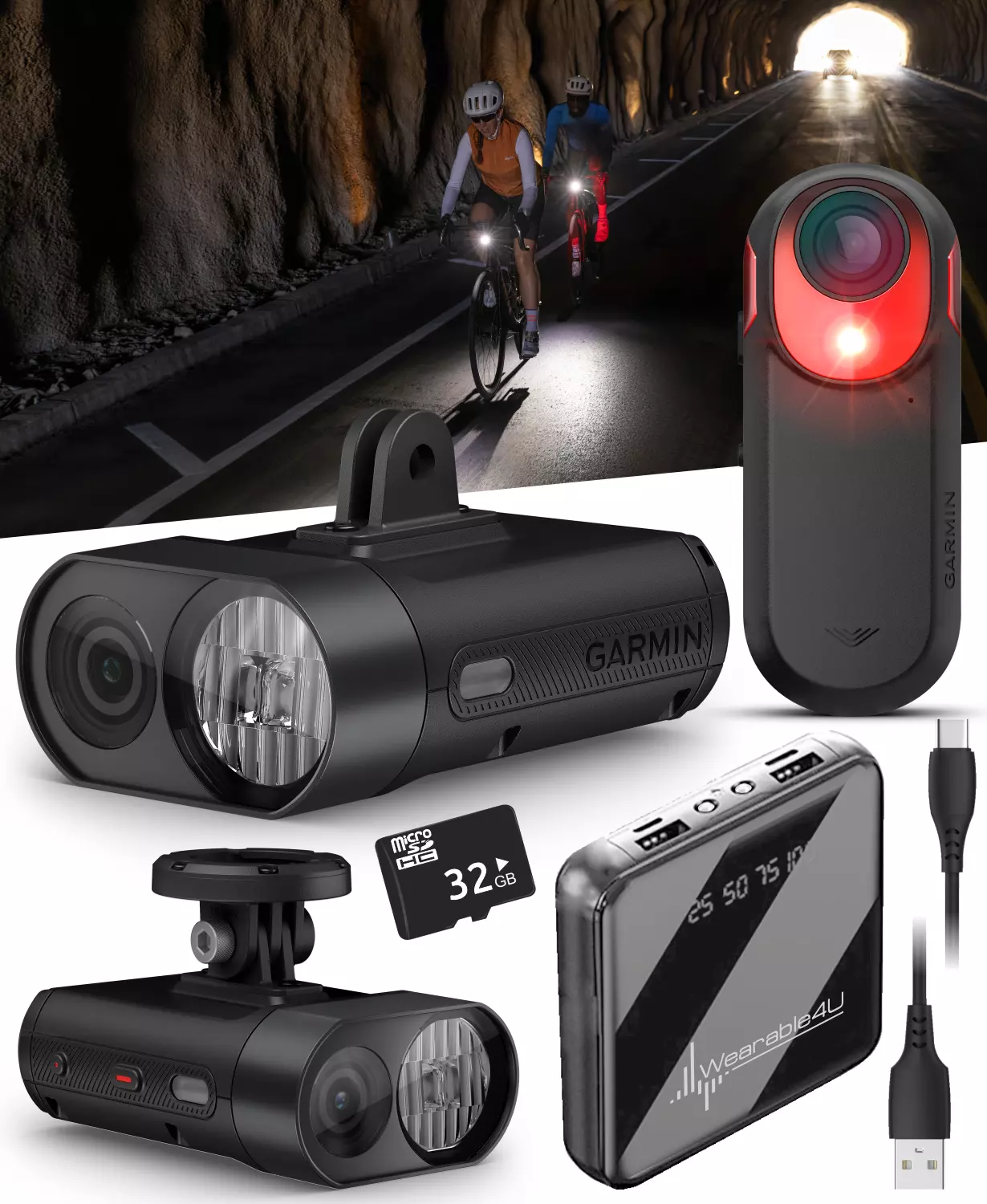Garmin Varia Vue - Cycling Headlight & 4k Camera, Auto Brightness, 600 Lumens & Varia RCT715 Bicycle Radar w/ 32 GB microSDHC & Wearable4U PowerBank Bundle