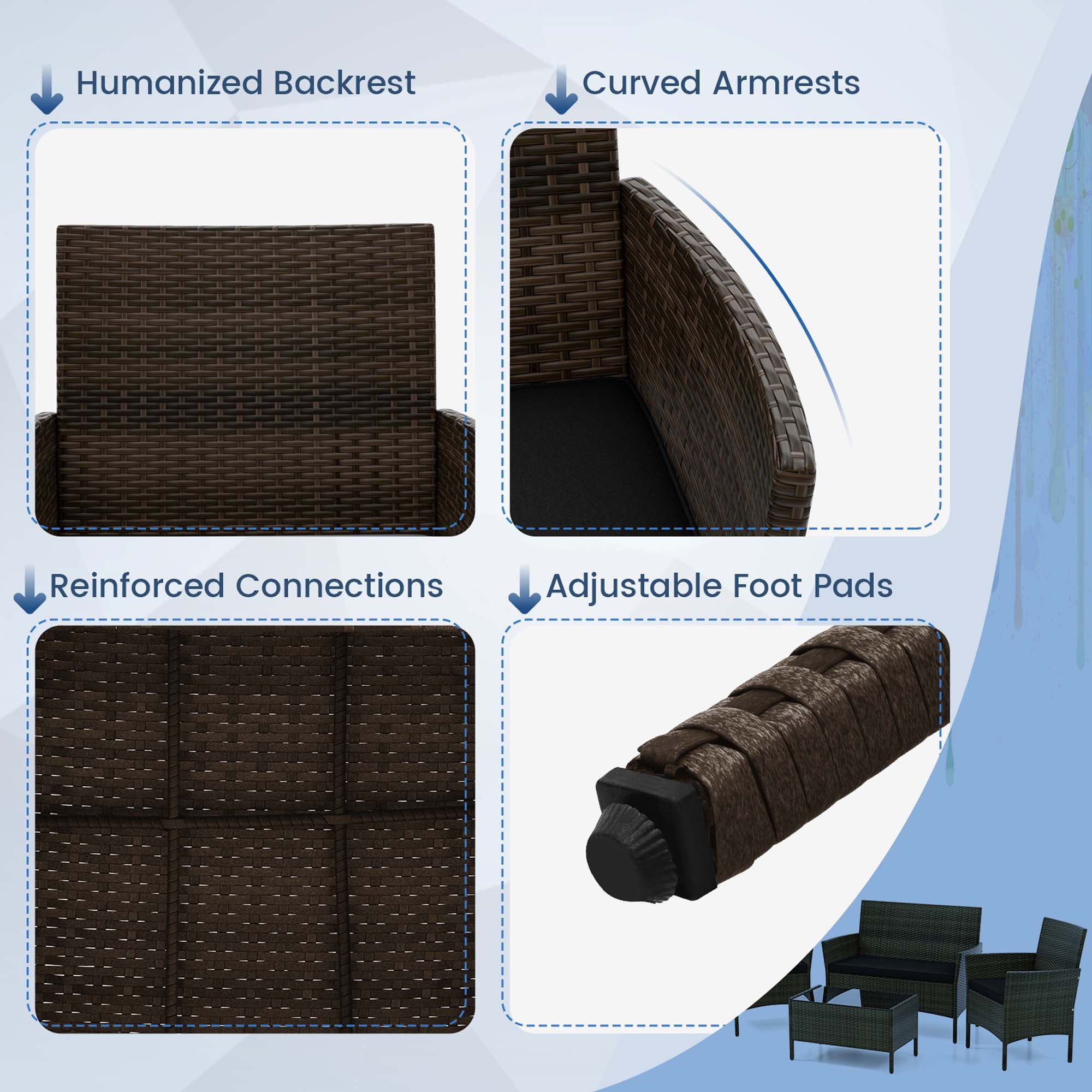 Costway 8 PCS Patio Furniture Set with Washable Cushions and Tempered Glass Coffee Table Black