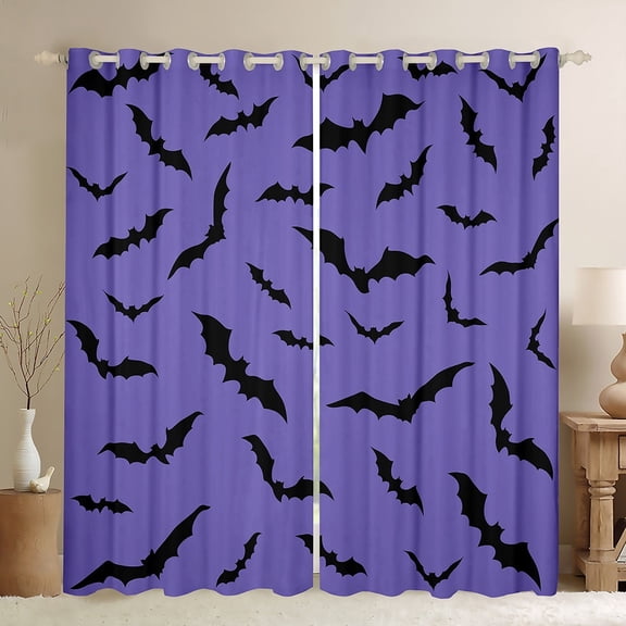 Feelyou Purple Gothic Bat Black Out Curtains for Teen, Halloween Festival Animal Curtains Pack of 2 (42x63 Each), Cartoon Theme Bedroom Curtains, Window Curtains Room Decor