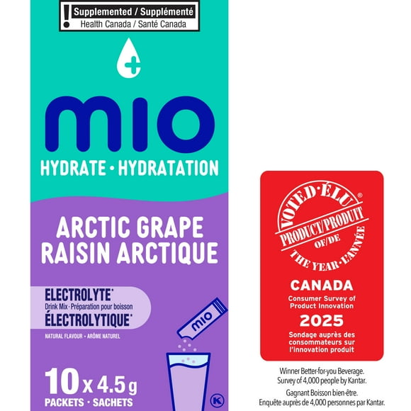 mio Hydrate Arctic Grape Electrolyte Drink Mix, 4.5 g Packets, 10 ct Box, Mio Hydrate Grape 3.8G X 10