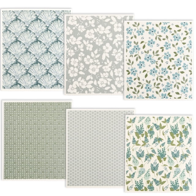 Txkrhwa 6Pcs Swedish Dishcloths for Kitchen, featuring reusable and absorbent cellulose sponge cloths in a variety of multicolour patterns, including floral and geometric designs. Each dishcloth measures 6.7 x 7.7 inches and is made from biodegradable wood pulp, offering eco-friendly and odor-resistant cleaning for kitchens, bathrooms, and more. These machine-washable dish towels are durable, lasting up to 200 washes, and suitable for dishwashing, wiping surfaces, and general cleaning tasks.