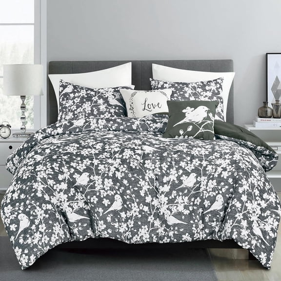 5-Piece Jacquard Comforter Set, Charcoal White Botanical Floral Bedding with Decorative Cushions, Soft Lightweight All-Season Bedding Set, King Size