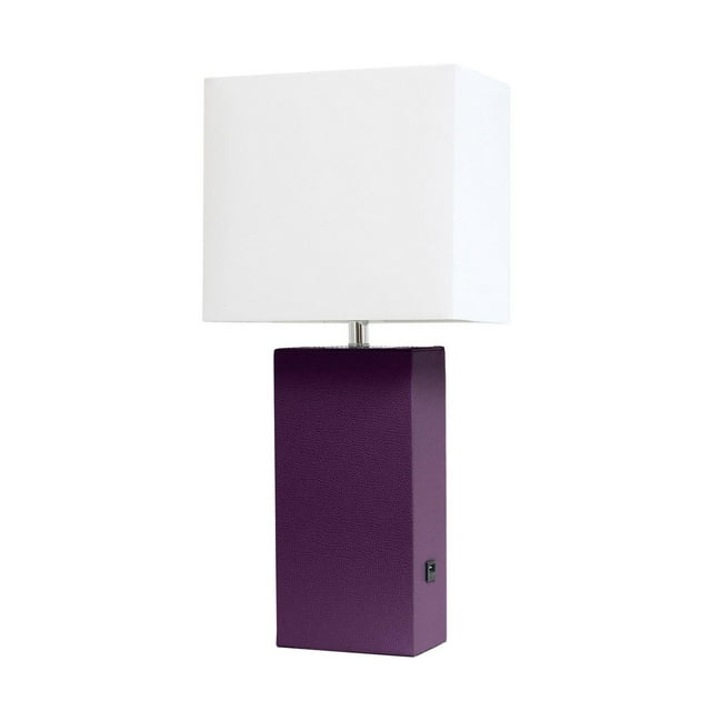 Modern table lamp featuring a rectangular purple leather base with USB port and a white fabric shade