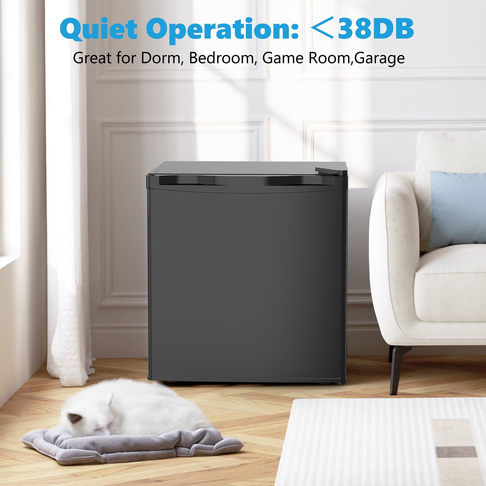 CRZOE 1.6 Cu.ft Mini Fridge with Freezer, Compact Single Reversible Door Refrigerator, Adjustable Thermostat, Ultra Quiet, Energy Efficient for Office, Dorm, Bedroom, Apartment -Black
