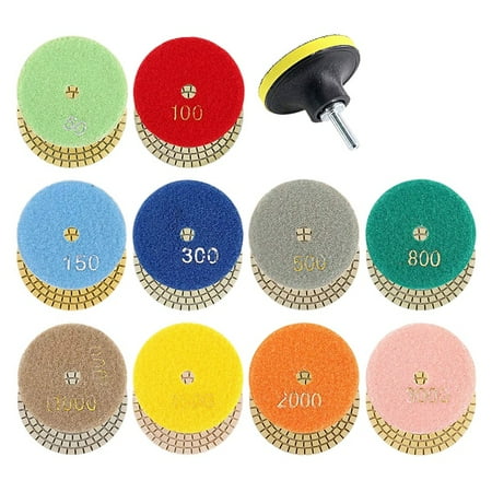 

11Pcs 3inch Wet Diamond Polishing Pads Set 50 to 3000 Grit Hook and Loop Backing Sanding for Granite Concrete