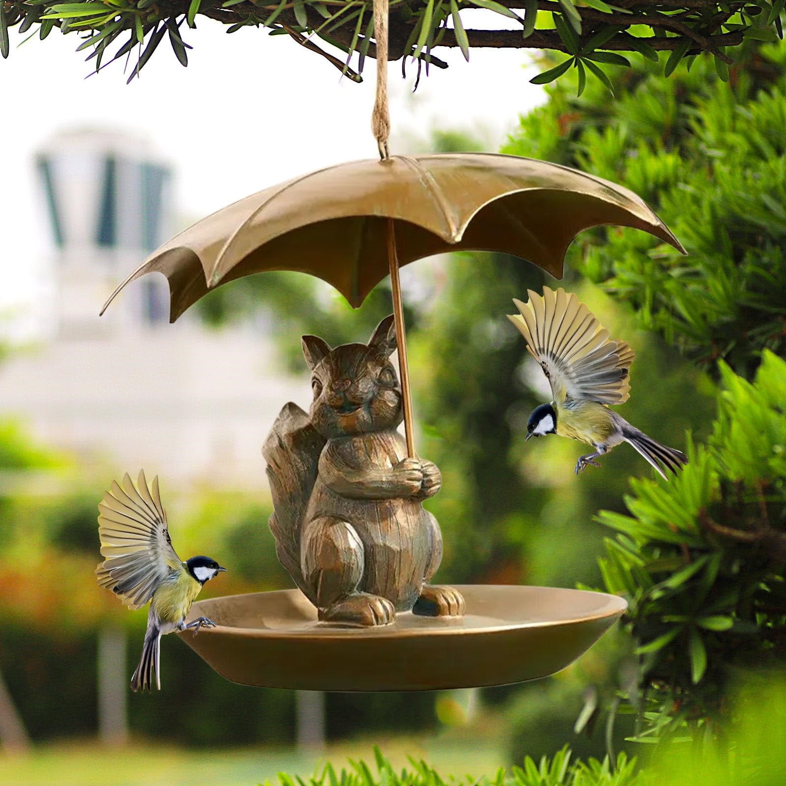 Animal And Girl And Umbrella Bird Feeder, Hummingbird Feeder Umbrella, Bird Feeders for Outdoors, Hanging Bird Feeder Set with Metal Chain Umbrella (Squirrel, Resin)