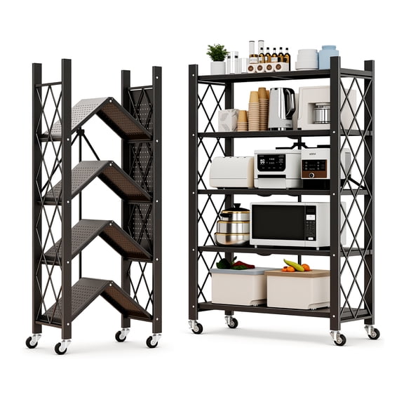 Joybos 5 Tiers Foldable Storage Organizer Wire Shelf Rack with Wheels,Holds Up To 1000 Pounds,Black，2-Pack