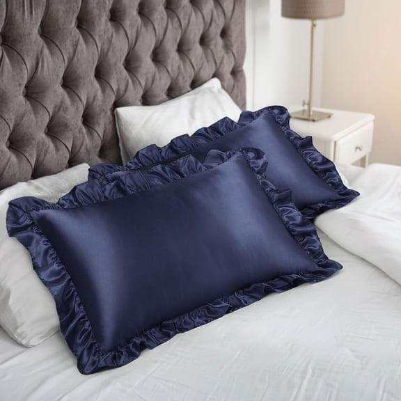 REGALWOVEN Satin Pillowcases for Hair and Skin, Retro Silky Pillow Cover with Ruffle, Luxury Envelope Closure Pillow Cases Set of 2 Navy King