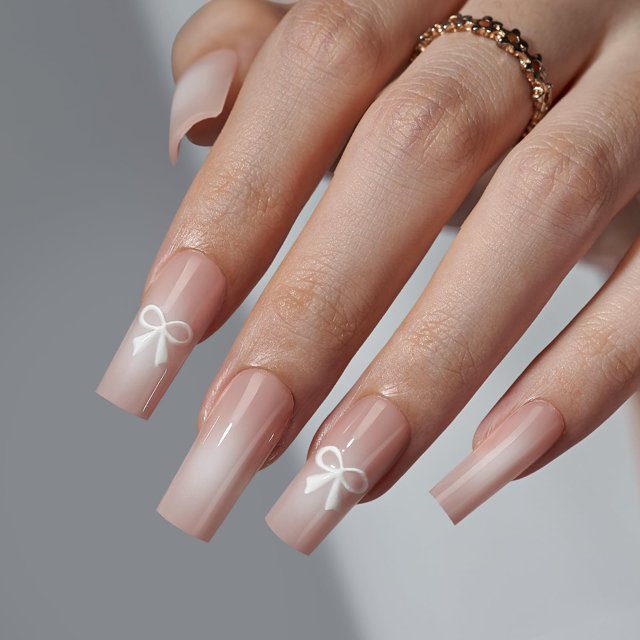 Press On Nails BtartBox Long Pink Ombre con diseño de lazo