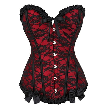 UAYOTSE Women Satin Lace Sexy Bustier Corsets Basque Lace Up Lingerie Red 5XL