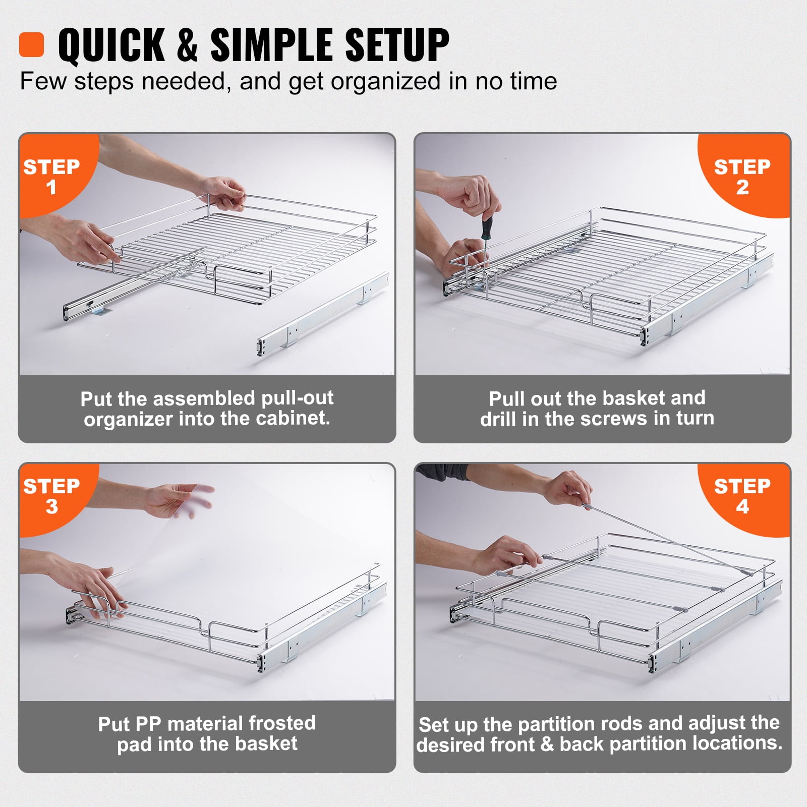 VEVOR 15.5"Wx21"Dx3.5"H Pull Out Cabinet Organizer, Heavy Duty Slide Out Pantry Shelves, Steel Roll Out Drawers, Sliding Drawer Storage for Home Under Sink, 17"Wx22"Dx7"H Install Size for Cabinet