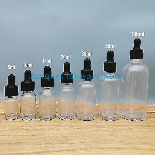 10pcs 5ml a 100ml Frasco cuentagotas de vidrio transparente con tapón de rosca negro, botellas de aceite esencial con vidrio ShuxiuWang 8390613666796