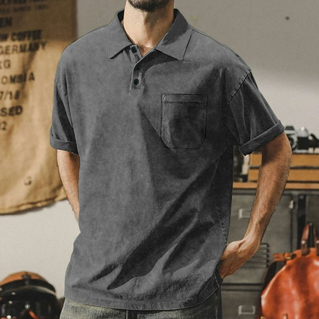pstuiky Camisas de vestir de manga corta para hombre, Camisa de hombre de poliéster sólido, cómoda, informal, de manga corta y cuello alto. ropa de hombre m