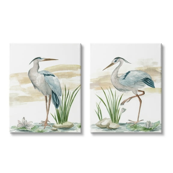 Stupell Industries Herons on Marsh Shore Animals & Insects Painting Gallery Wrapped Canvas Print Wall Art, 16 x 20, Set of 2